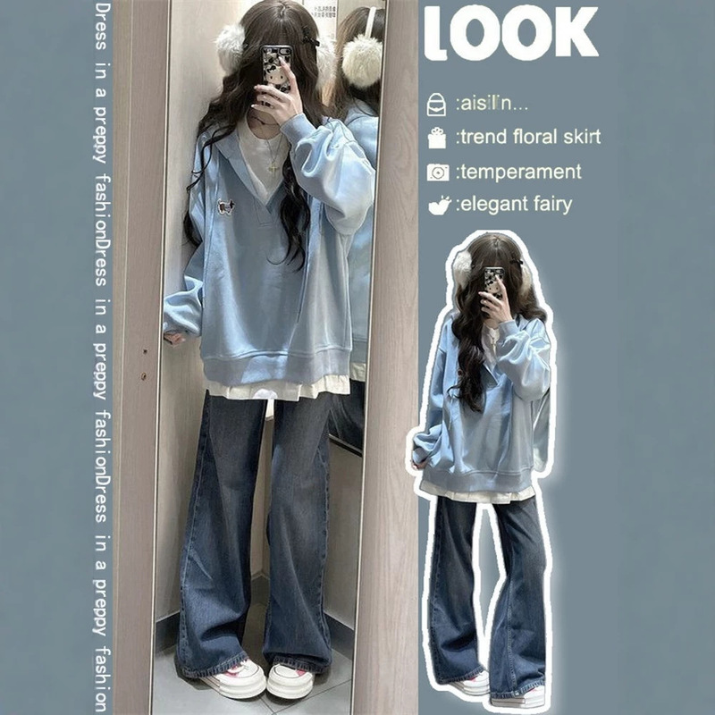 Unique and super stylish Korean-style outfit for autumn and winter, college-style fake two-piece sweatshirt and jeans for women, slimming effect, complete set Unique and super stylish Korean-style outfit for autumn and winter, college-style fake two-piece sweatshirt and jeans for women, slimming effect, complete set