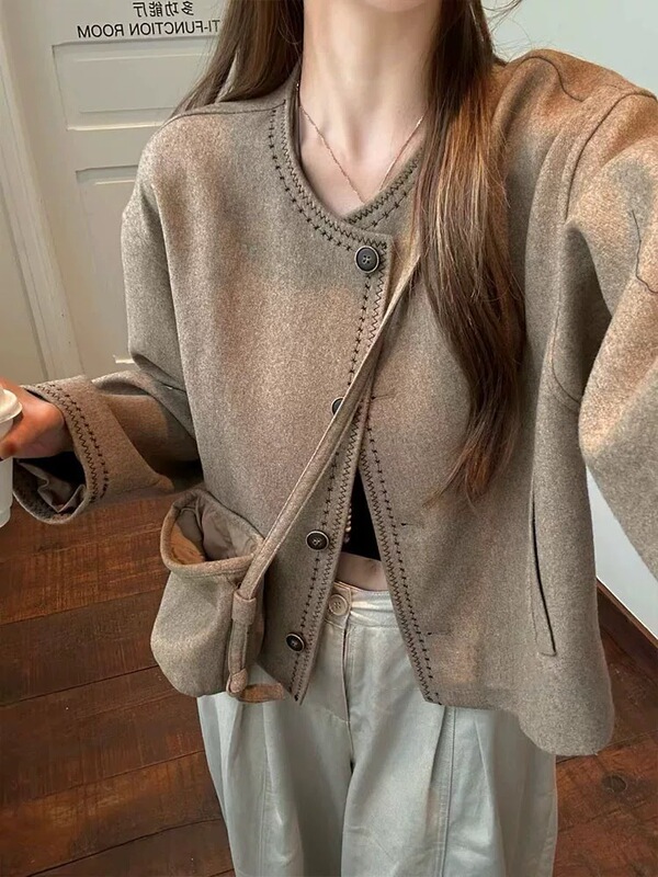 爆款小香风短款毛呢外套女2025新款秋冬小个子圆领明线配包包上衣|undefined