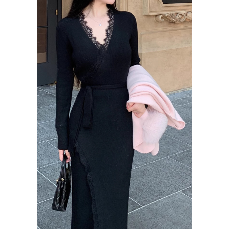 (2개) 히비스커스 원 이슈 올 매치 원피스 프랑스 우아한 레이스 레이스 울 블렌드 니트 원피스 여자 빈티지 틈새