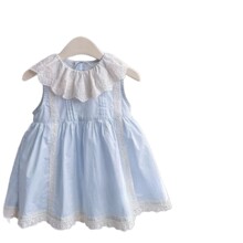 夏季女童蓝色花边领娃娃裙宝宝洋气连衣裙公主裙可爱女童公主裙子