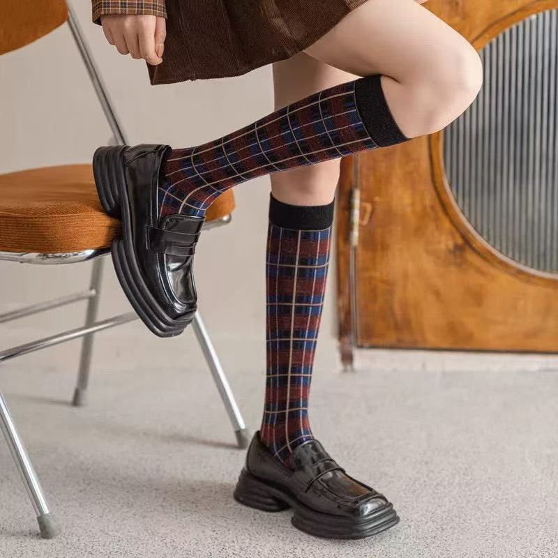 秋冬复古老钱风~超绝时髦!高级气质~ 格纹袜子女显瘦摩登小腿袜|undefined