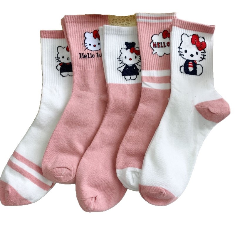春夏季新款中筒百搭卡通可爱袜子女款日系粉色女孩KT猫学生中筒袜|undefined