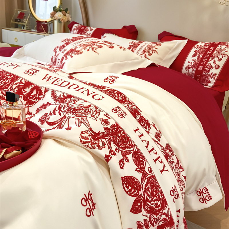 輕奢結婚四件套中式印花高級感紅色被套喜慶新婚婚慶陪嫁床上用品