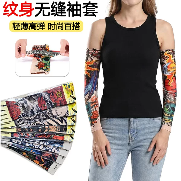 Outdoor tattoo sleeves for summer cycling, seamless floral arm sleeves for men and women, realistic tattoo thin sunscreen ice sleeves