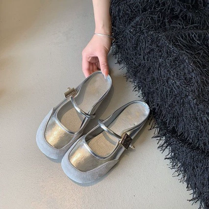 2024 весна и лето новая серебряная голова с половиной тапочек снаружи носить мягкое плоское дно