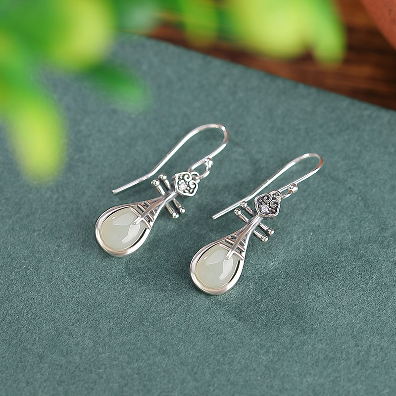Bông tai bạc S925 đính ngọc bích Hetian phong cách quốc gia — Một cặp