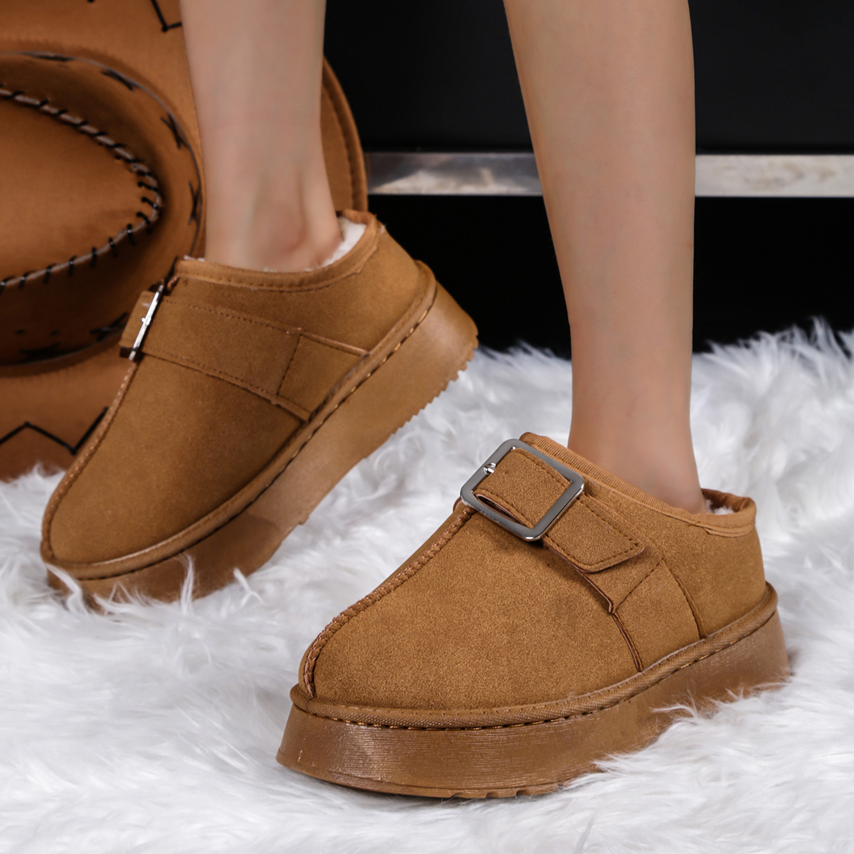 Scarpe da donna in cotone con suola spessa e pelliccia integrata, nuovi stivali da neve invernali con velluto, scarpe casual in cotone caldo in pelle di sabbia_voghion.com