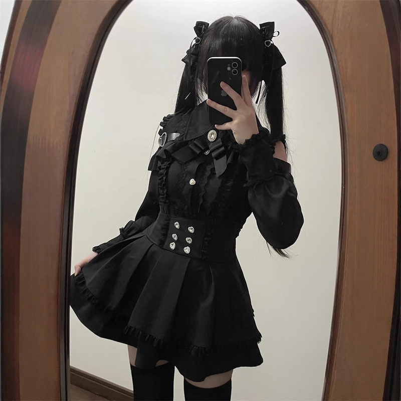New Japanese-Style Dark Uniform Sweet and Dynamic Girl Three-Color Off-Shoulder Shirt High-Waisted Skirt Single-Piece Set
