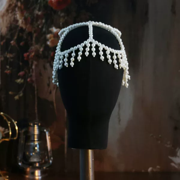 European and American New Style Braided Imitation Pearl Tassel Hat Chain Bridal Elegant High-End Versatile Hair Accessories Travel Photography Styling Accessories
