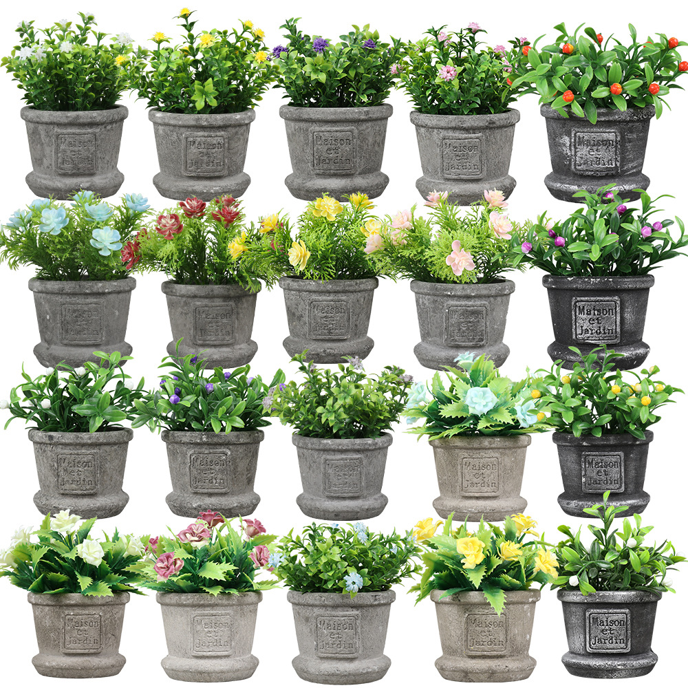 Más de 100 conjuntos de bonsáis artificiales de flores de plástico, plantas en maceta de pulpa de papel retro de gran venta transfronteriza, adornos de flores artificiales, macetas de flores falsas.