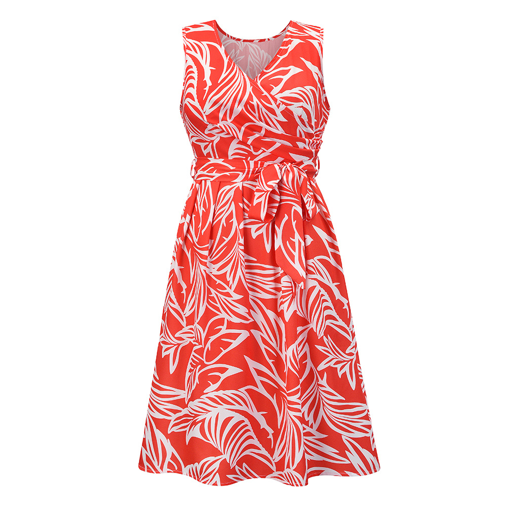 Summer Sleeveless V-neck Print knotted mid-length Dress  NSHYG118504