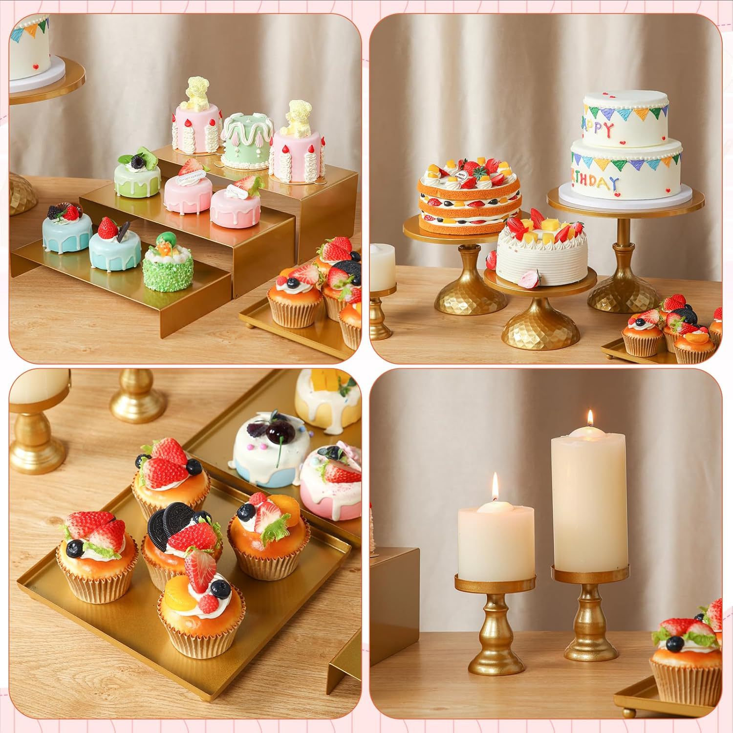 Estante de pastel dorado, tabla de postre de metal mostrando conjunto de estantes de cupcake en capas, bandeja de frutas de caramelo decorativa image 3