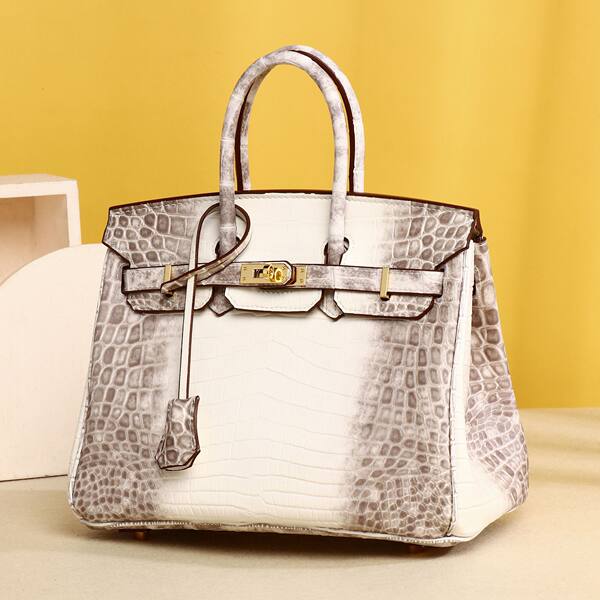 Túi xách tay nữ da PU cao cấp họa tiết vảy cá sấu phong cách Hermes Birkin 25 cm — Trắng Himalaya