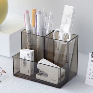 Ins Simple Transparent Three-Compartment Acrylic Pen Holder High-Looking Student Multi-Functional Desktop Multi-Compartment Storage Box
