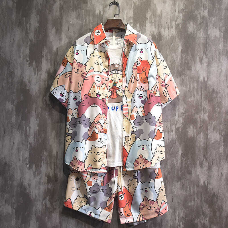 Casual Hawaiian shirt shorts summer trendy loose short sleeve Japanese style fried street seaside couple Beach suit men