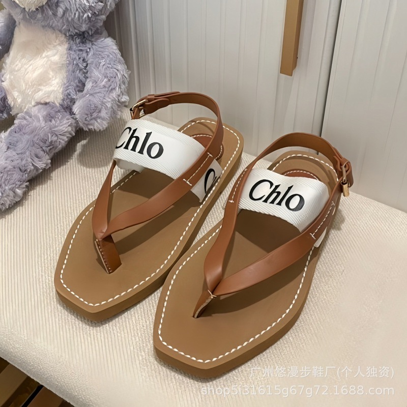 Chlo*罗马平底拖鞋女夏季时尚外穿防滑字母刺绣休闲沙滩一字凉拖|undefined
