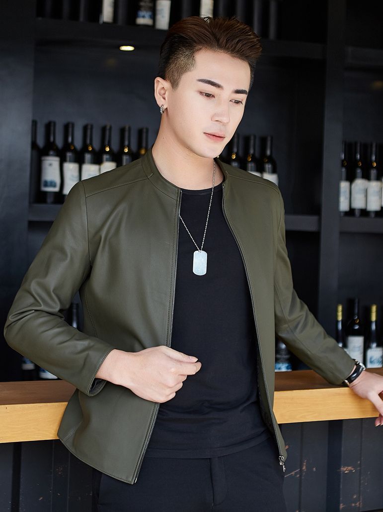 New Haining Leather Men's Vertical Collar Sheepskin Genuine Leather Leather Leather Coat Mat Simple Casual Full Leather