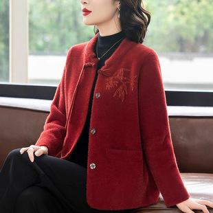 New Style Mother Clothes Autumn and Winter Mink Velvet Coat Short New Chinese Knitted Cardigan Thickened Warm Top for the Elderly