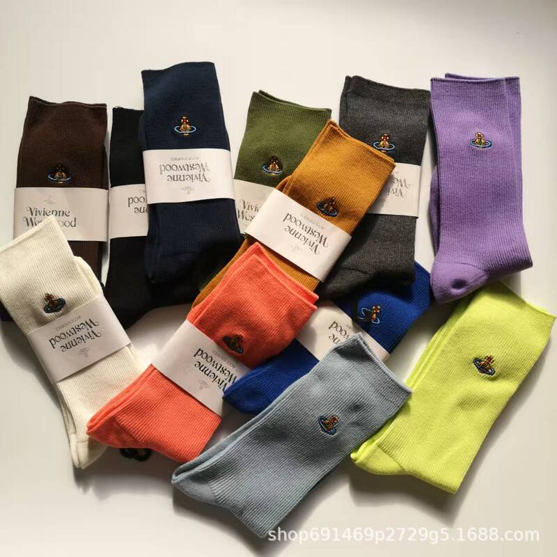 Empress Dowager Solid Color Double Needle Drawdown Saturn Embroidered Socks Japanese Original Single Stacked Socks All-match Mid-high Cotton Socks