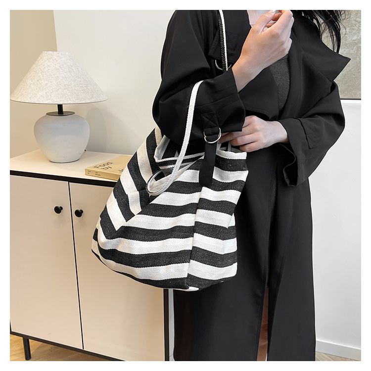 Laid-back striped canvas bag, Korean ins artistic color-blocking tote bag, large-capacity single-shoulder bag, shopping bag, large bag undefined