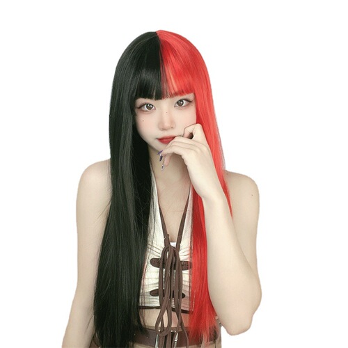 Wig female air bangs long straight hair black and red color matching yin and yang color high temperature silk wig headgear wholesale