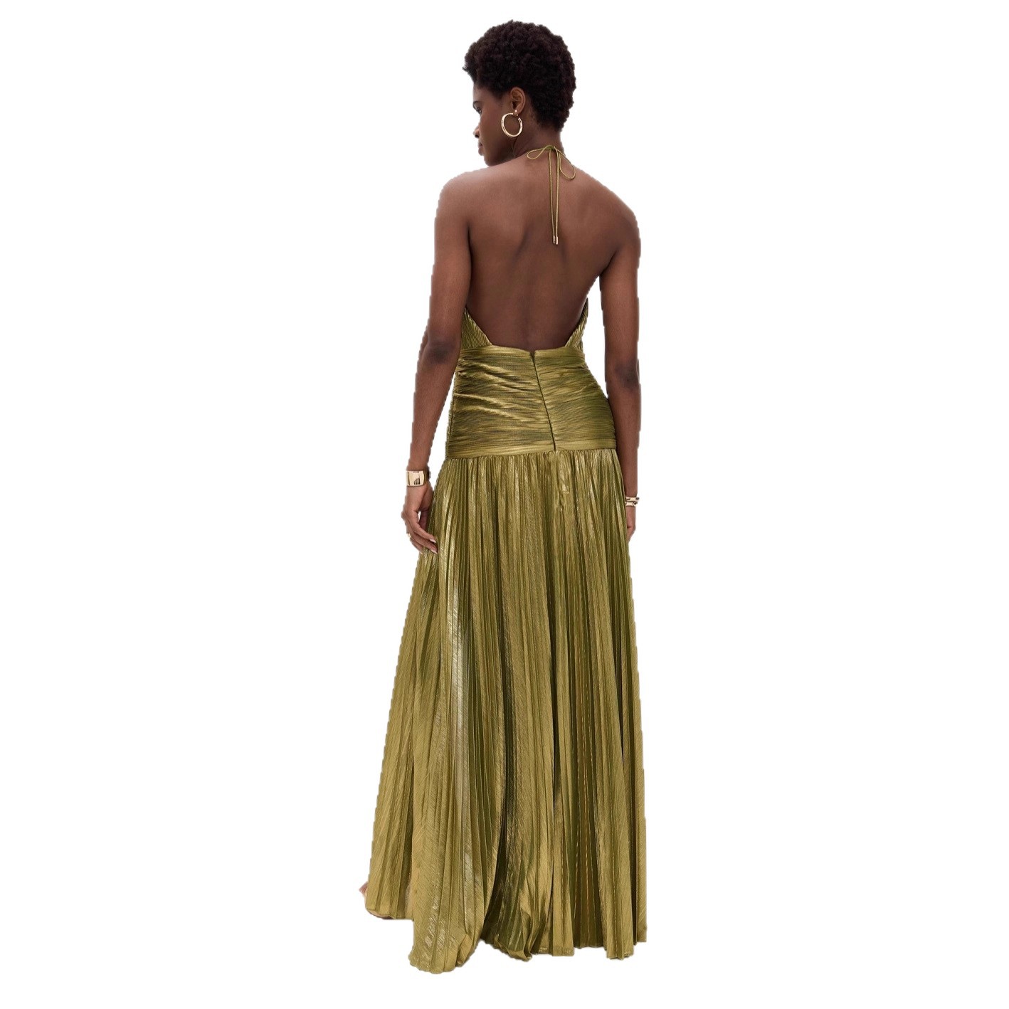 "Women's Metallic Pleated Sleeveless Dress - Backless Tie Neck High Slit Party Dress, Golden/Pinkish/Ancient Gold/Dark Blue/Lake Blue, XS-XXL"_ecoleips.com