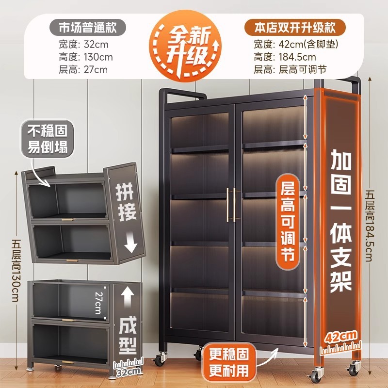 厨房置物架落地多层防尘橱柜微波炉收纳柜多功能带门碗柜储物柜子|undefined