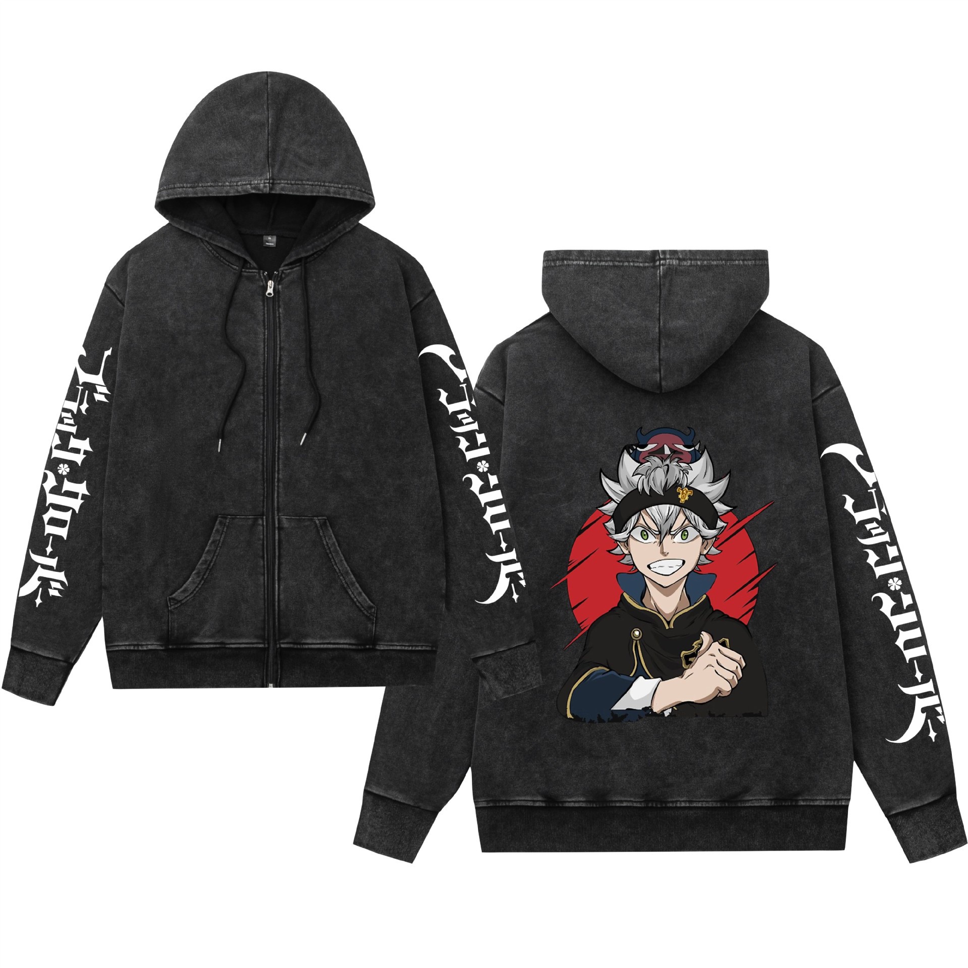 Comercio exterior lavado y desgastado suéter retro con capucha cremallera trébol de cuatro hojas negro estampado hombres y mujeres