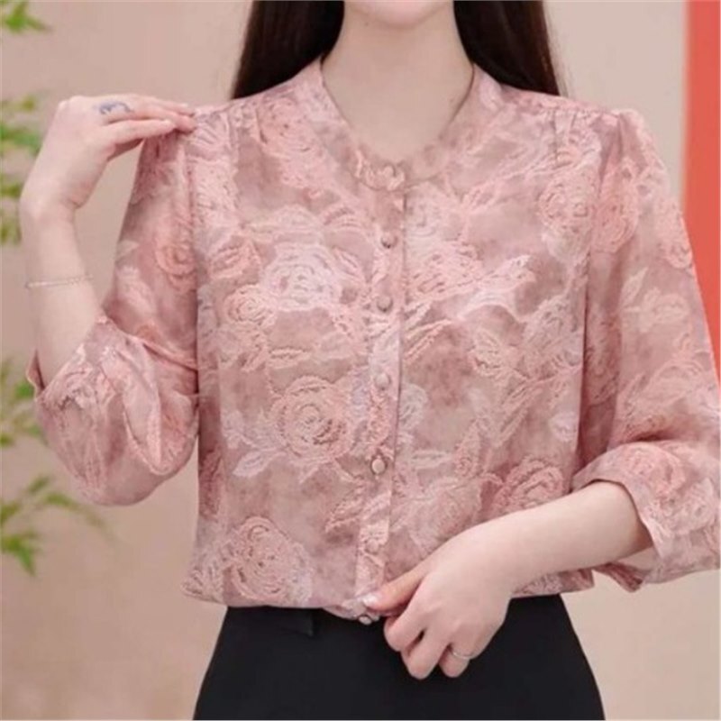 One-piece drop-shipping popular style elegant rose three-quarter sleeve shirt, 2026 summer new model, lightweight, breathable, versatile for young women