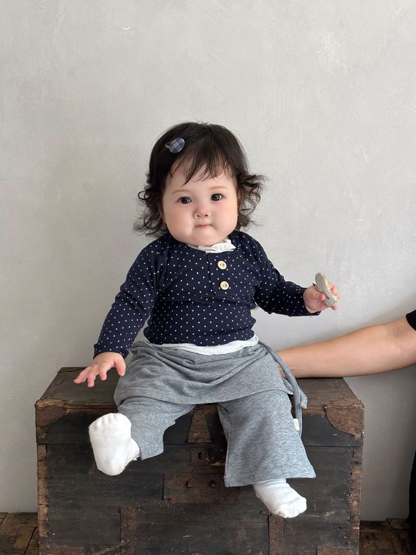 韩版女宝宝假两件波点上衣婴儿新款花边拼接屁帘宽松直筒裤两件套|undefined