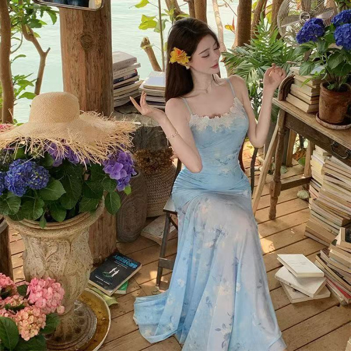 海辺の夏バレエリゾートスタイルスーパーフェアリーレーススプライシングサスペンダースカートメッシュブルーミングフラワーフィッシュテールスカートが美しい|undefined