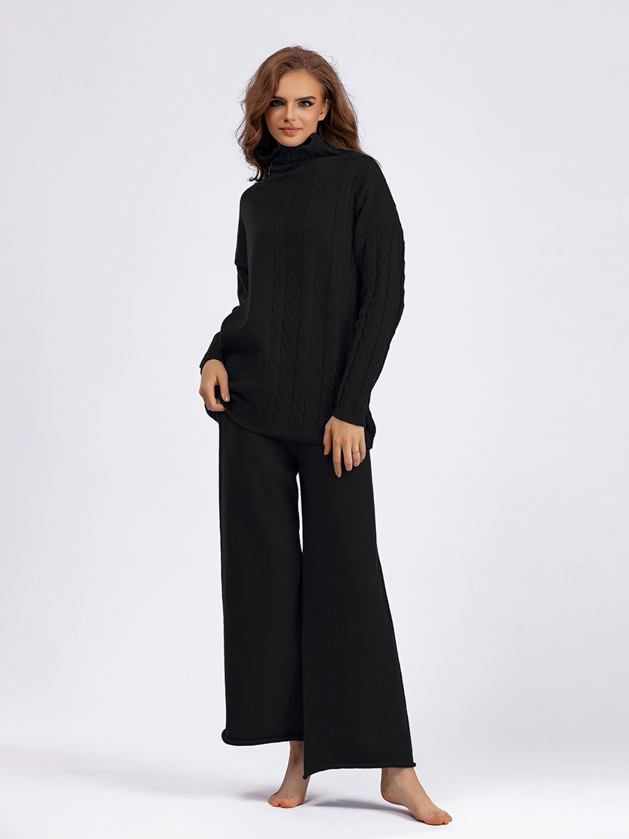 Damenbekleidung Herbst und Winter große Größe Rollkragenanzug Mode neue sanfte faule Stil Pullover zweiteiliges Set einfarbig gestrickt_voghion.com