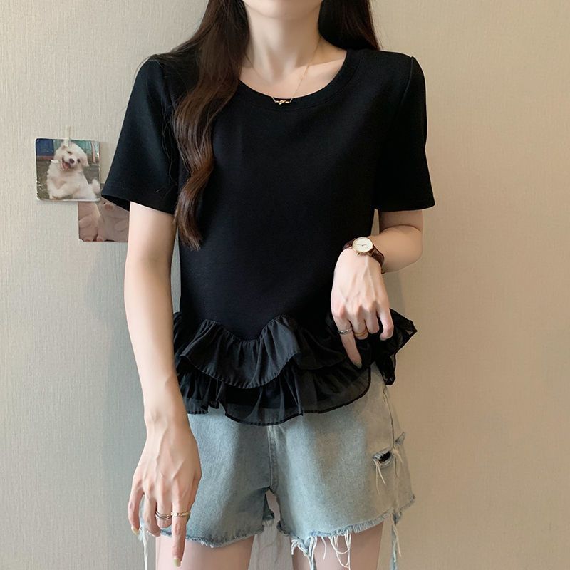 Camiseta de manga corta con costuras con volantes de gran tamaño para mujer 2024 verano nuevo estilo suelto que cubre la carne que es delgada y gorda mm top para mujer ins image 7