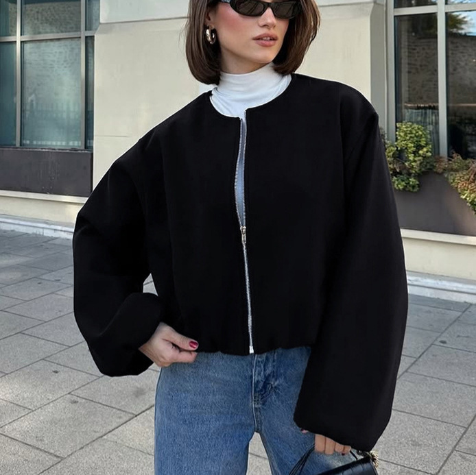 Neutral Style Trendy Fashion Street Style Black Short Round Neck Long Sleeve Zipper Jacket Casual Loose Woolen Jacket for Women Neutral Style Trendy Fashion Street Style Black Short Round Neck Long Sleeve Zipper Jacket Casual Loose Woolen Jacket for Women