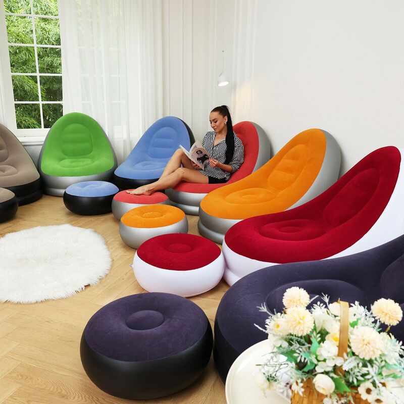 Macaron Flocked Sofa with Footrest, Leisure Inflatable Thickened Adult Inflatable Lazy Sofa Two-Piece Set