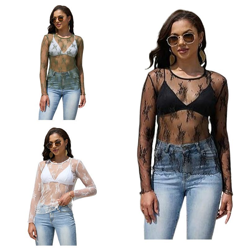 Transparent Lace Top Women's Lace Base Shirt Sweater with Perspective Mesh Long Sleeve Black Thin Sand Hollow Shirt