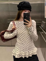 超好看独特漂亮波点打底衫t恤女早秋设计感修身显瘦内搭长袖上衣