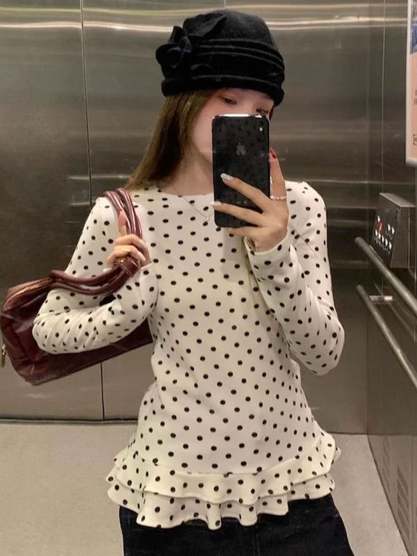 超好看独特漂亮波点打底衫t恤女早秋设计感修身显瘦内搭长袖上衣|undefined