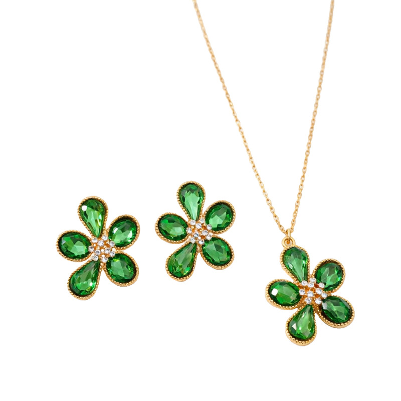 Collar verde de flores de diamante ligero de lujo nicho collar de clavícula de alta calidad temperamento conjunto de joyería de moda mujer