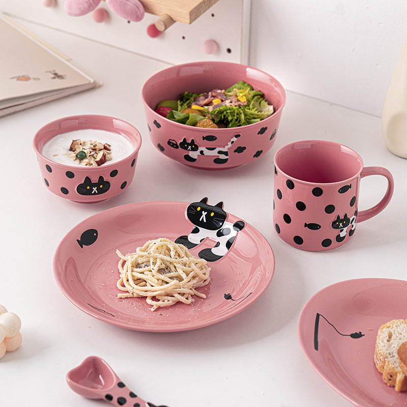 Cute Soft Cute Meow Mimi Ceramic Rice Bowl Soup Bowl Mug Water Cup Household Dinner Plate Pagat Plate Kitten Tableware suit