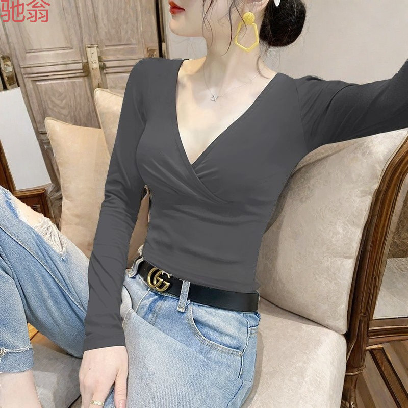 C3Mv领打底衫女长袖内搭2025春秋冬新款烟灰色T恤收腰性感外穿上