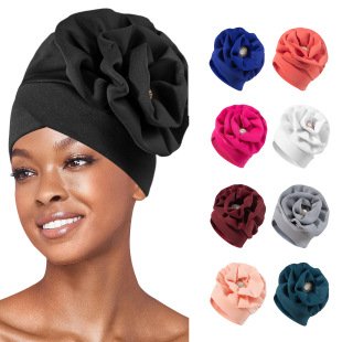 Three-dimensional applique turban hat women's spring and summer thin mesh hat gorgeous fashion heaped hat covering white hair hat ornaments