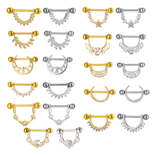 European and American Export Stainless Steel Nipple Ring Moon Wing-Shaped Double-Layer Flower-Shaped Nipple Nail New Nipple Body Piercing Inlaid with Diamonds