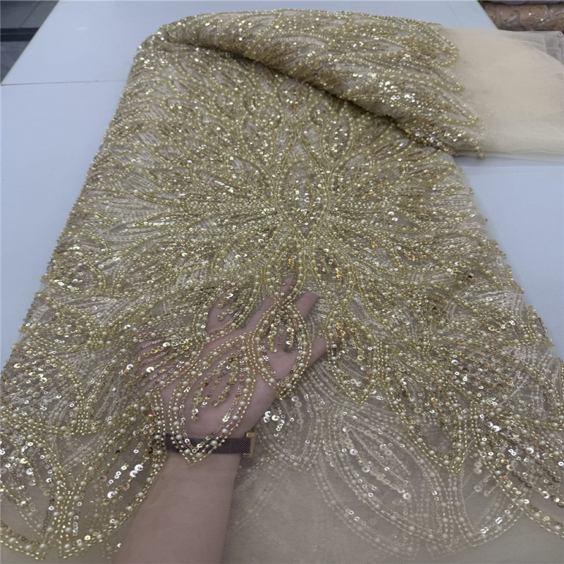 5 Yards of Bead Tube Embroidered Fabric Sequin Embroider Fabric Mesh Fabric European and American Gorgeous Mesh Dress Wedding Dress Fabric Lace