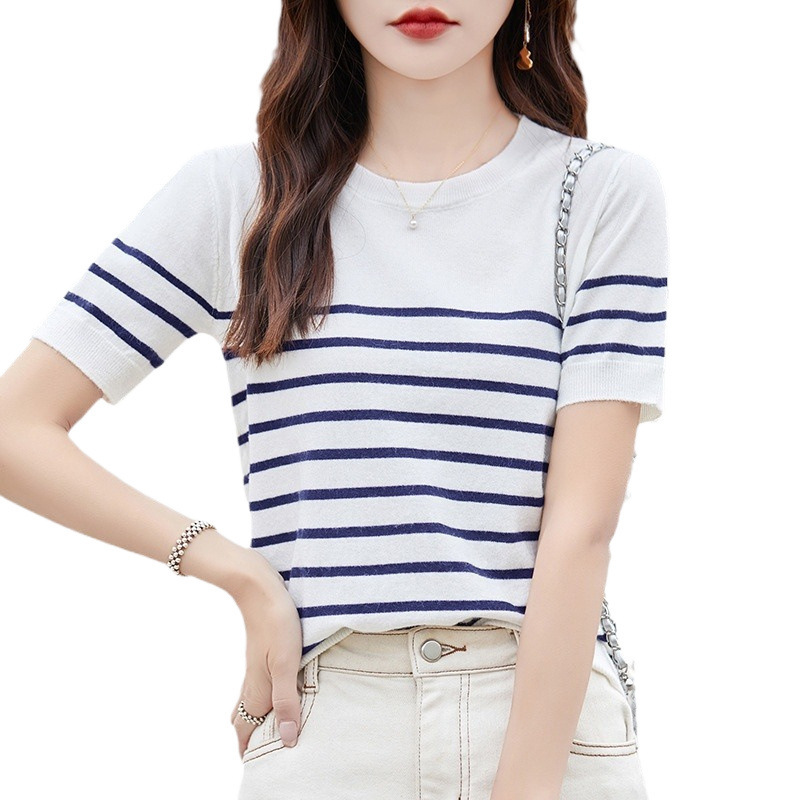 卸売りの夏の新型のストライプの半袖の女性のtシャツの丸首の頭のニットの底のシャツのゆったりしている薄いタイプの上着は簡単です。|undefined
