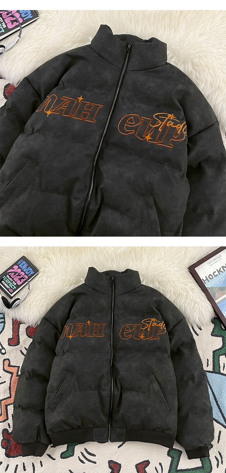 Vintage Embroidered PU Leather Down Jacket Cotton Jacket For Men And Women Winter Thickened Oversize Loose Leather Jacket Ins Tide_viptrois.com