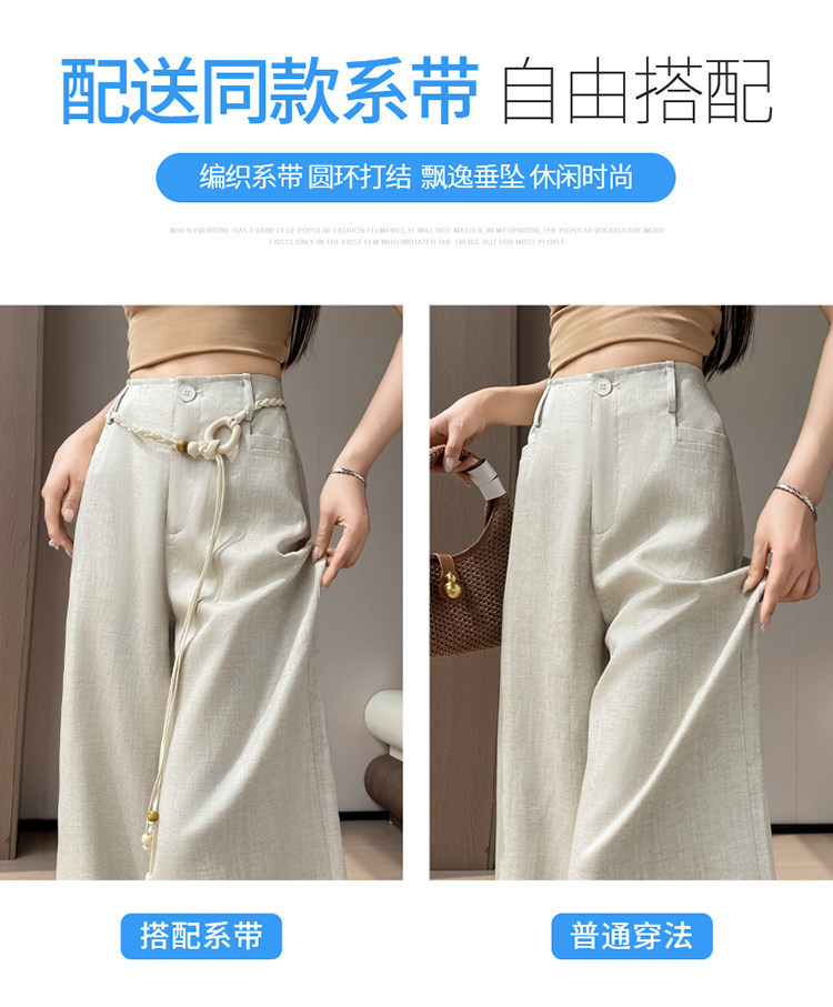 Quần culottes nữ ống rộng vải lanh cạp cao thắt lưng bản to — Màu đen thông thường chi tiết 12