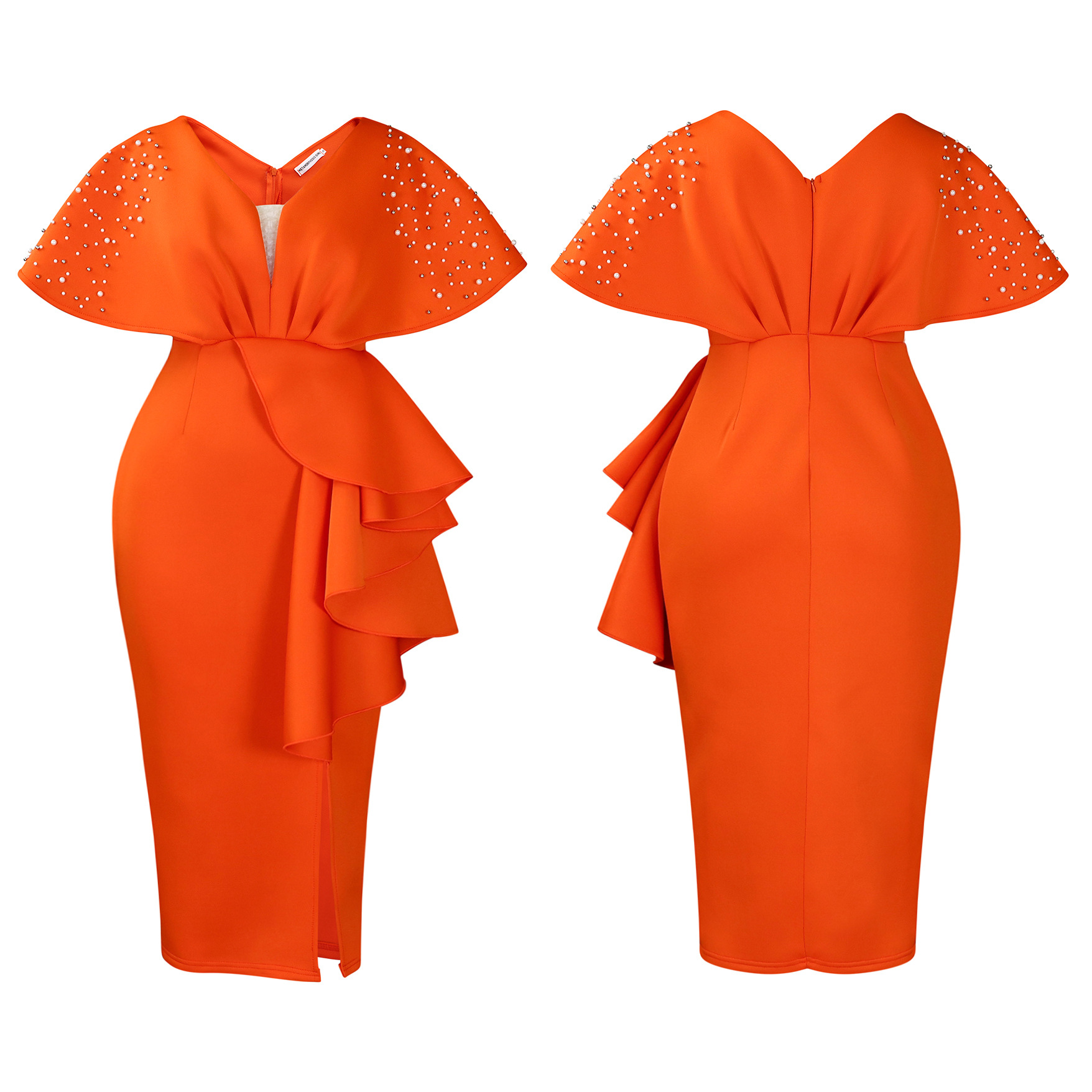 Robe de soirée sexy à col en V et à volants avec fente perlée, robe de banquet de tempérament de célébrité_voghion.com