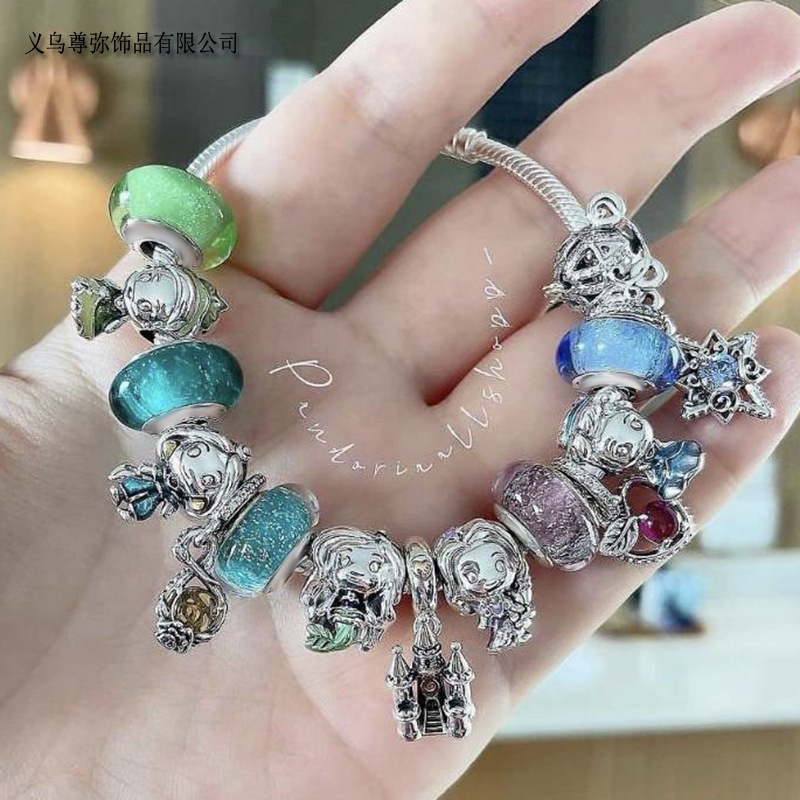 European Charm Disney Cartoon Princess Beaded Crystal Colorful Luminous Beads Anime Castle Pendant Bracelet