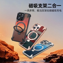 サムスン、アップル17promax、カーボンファイバー、ケブラーフォンケース、マグネット式スタンド、S25u、落下防止保護カバーに適用